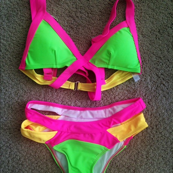 green and pink bikini